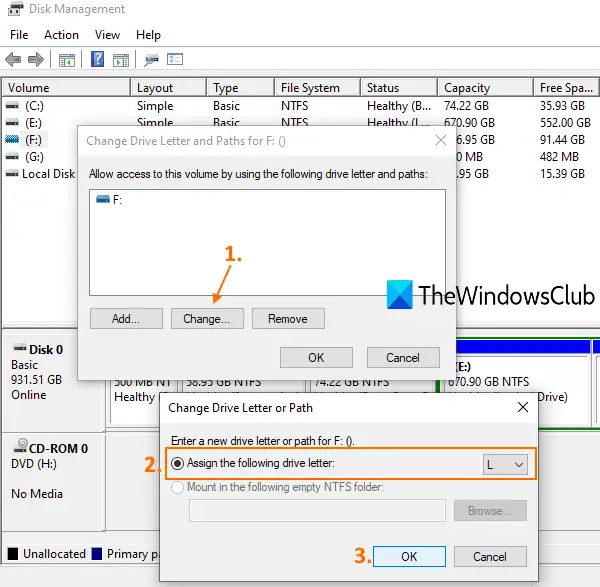 change a drive letter using disk management