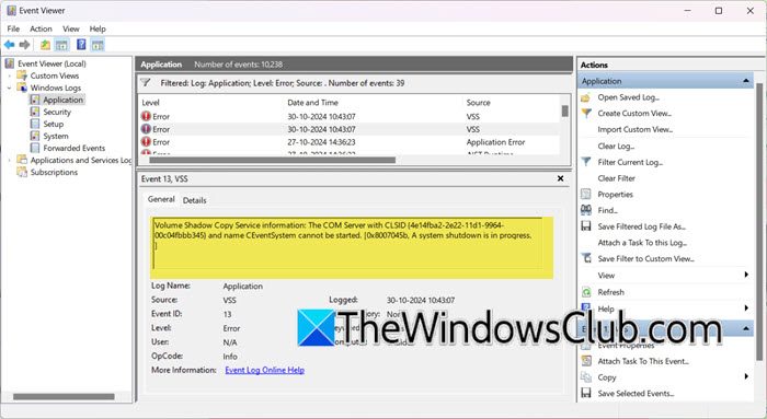 The Com Server with CLSID cannot be started VSS error